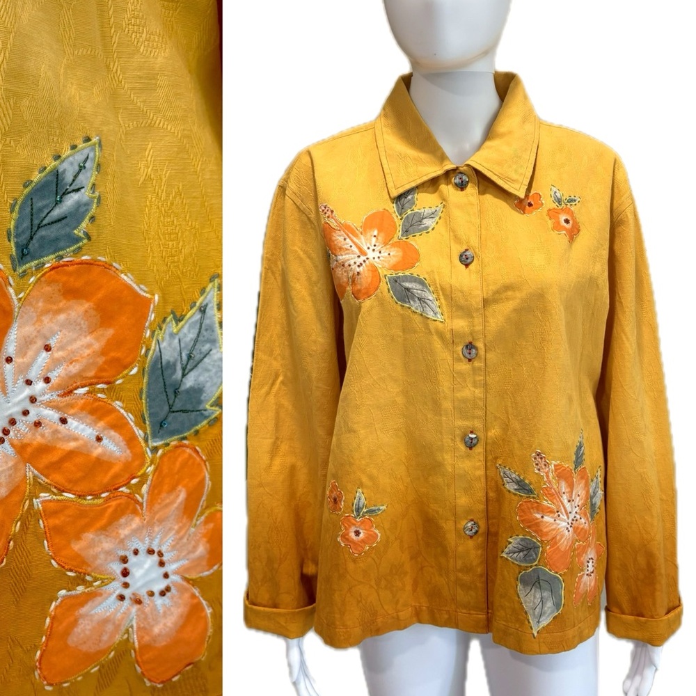 Units Beaded Embroidered Floral Applique Shirt Womens Size XL Cotton Linen Ombre